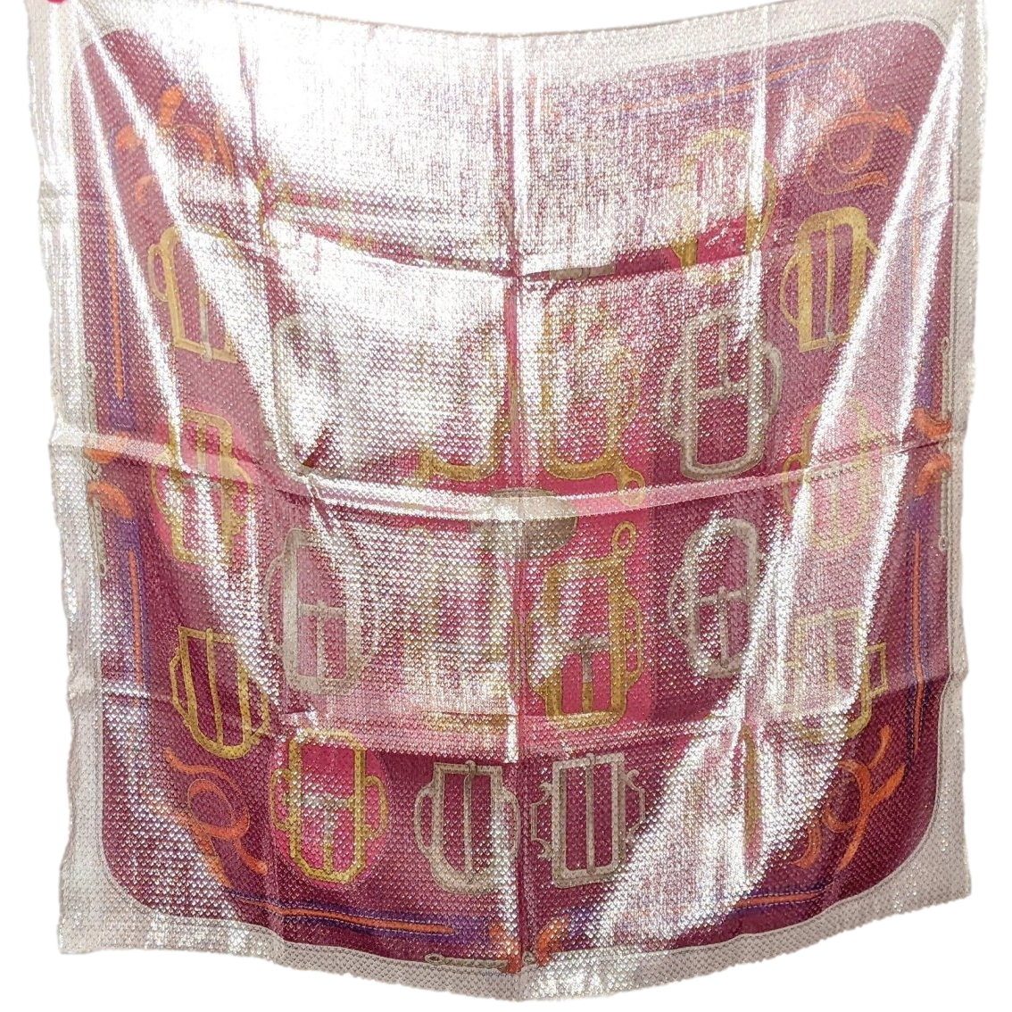 Hermes Rose/Rouge/Or/Blanc Special Issue Iridescent Glam Bouclerie d'Attelage 70% Silk Scarf 70 cm