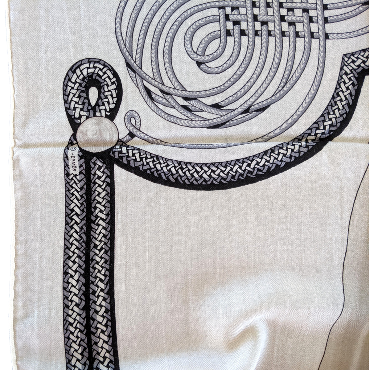 Hermes 2015 Blanc/Noir "Brandebourg" by Caty Latham Cashmere Shawl 140 x 140 cm