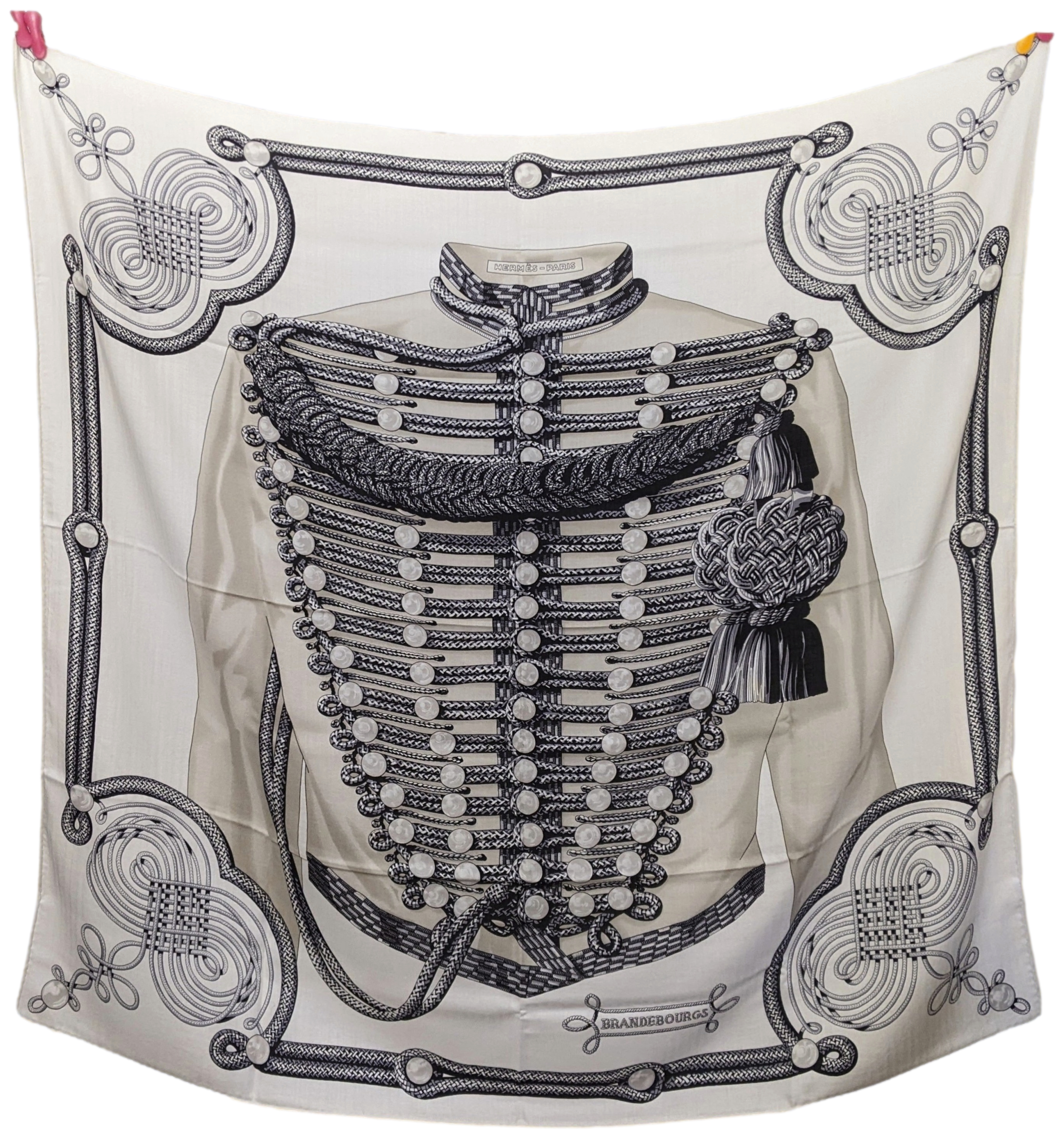 Hermes 2015 Blanc/Noir "Brandebourg" by Caty Latham Cashmere Shawl 140 x 140 cm