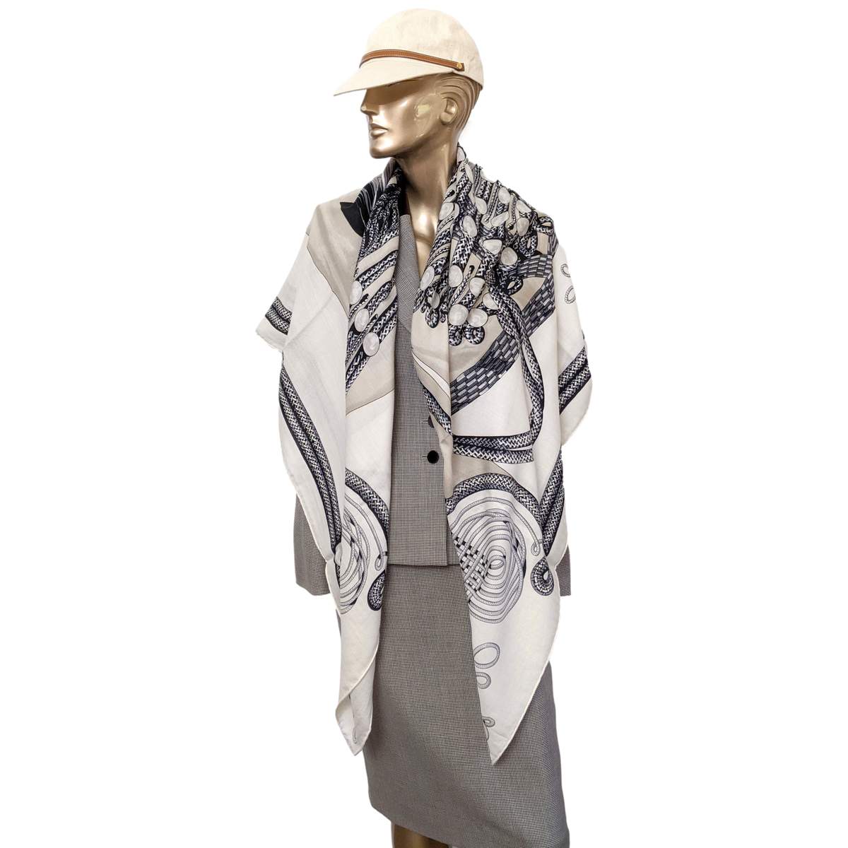 Hermes 2015 Blanc/Noir "Brandebourg" by Caty Latham Cashmere Shawl 140 x 140 cm