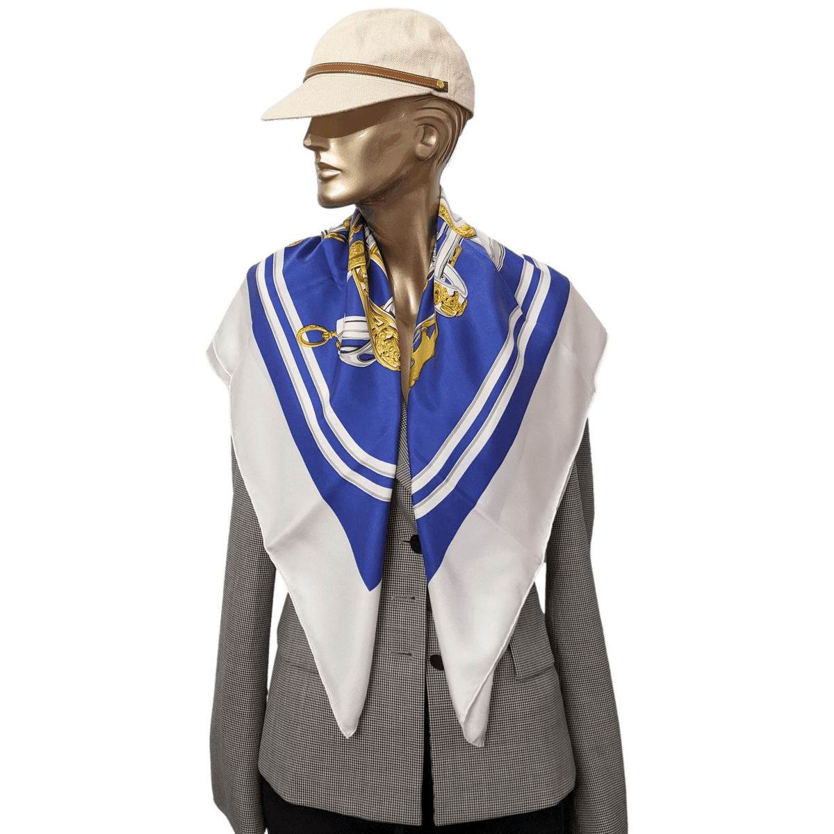 HERMES BRIDES DE GALA 1980s Cobalt/White 1st Re iIssue Twill Silk Carre 90 x 90 cm