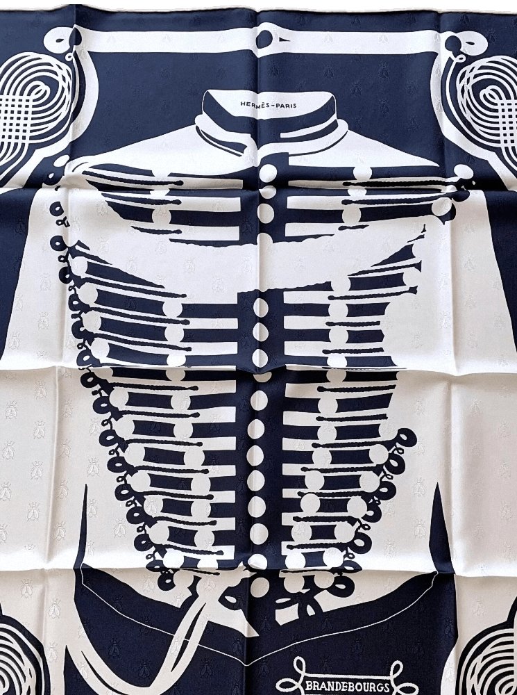 Hermes [C14] Limited Navy White BRANDEBOURG TATTOO by Caty Latham Jacquard Twill SIlk 90cm, BNWTIB! - poupishop