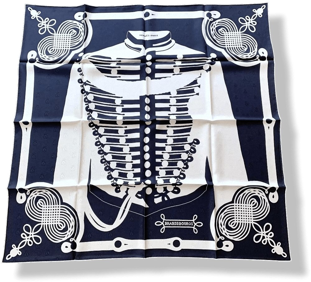 Hermes [C14] Limited Navy White BRANDEBOURG TATTOO by Caty Latham Jacquard Twill SIlk 90cm, BNWTIB! - poupishop