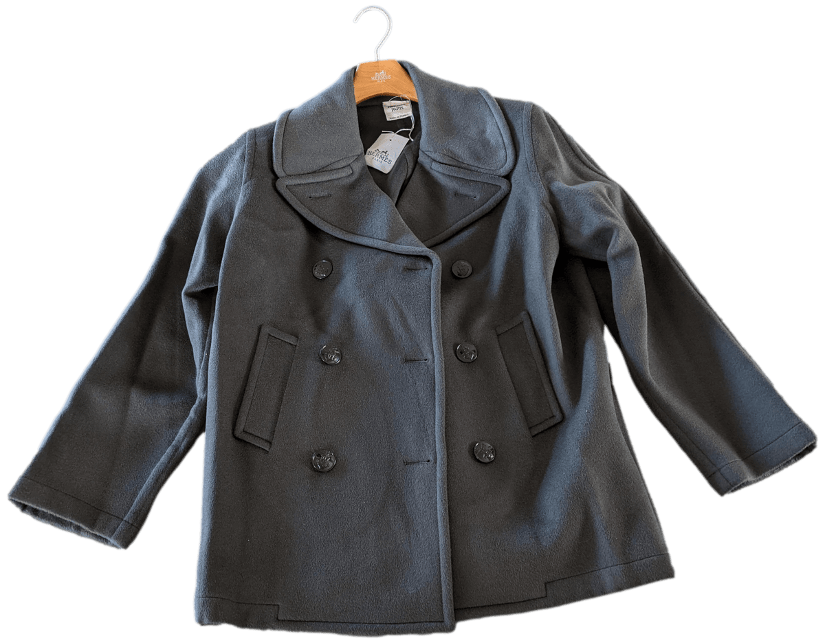 HERMES CABAN Vert-Anthracite Camel Hair Pea Coat Jacket F42