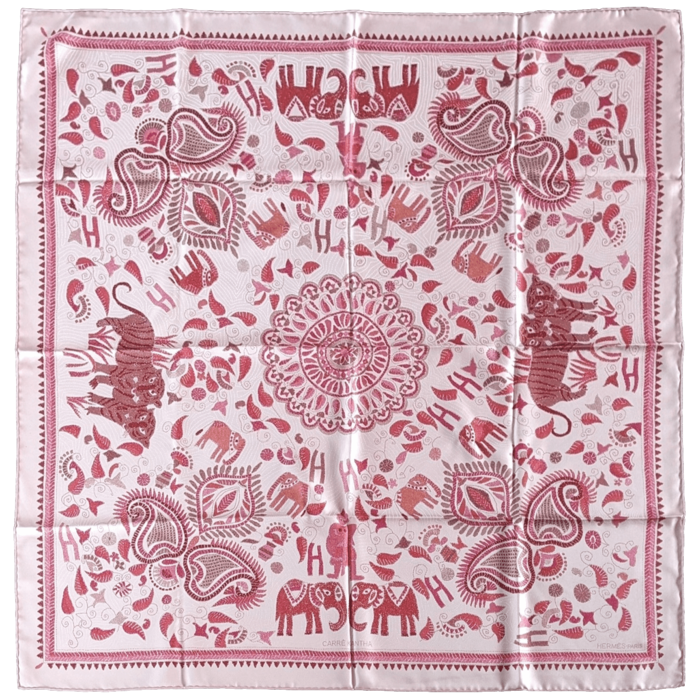 HERMES 2008 Pink Carre Kantha Indian's Patterns Twill 90 90 cm