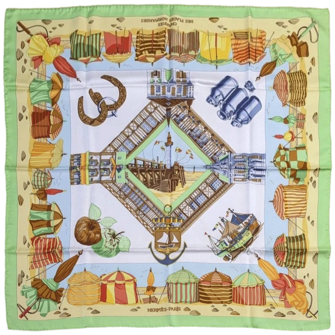 Hermes 1999 Pistache/Blanc/Multi Limited to Deauville Charmes des plages Normandes Twill 90cm
