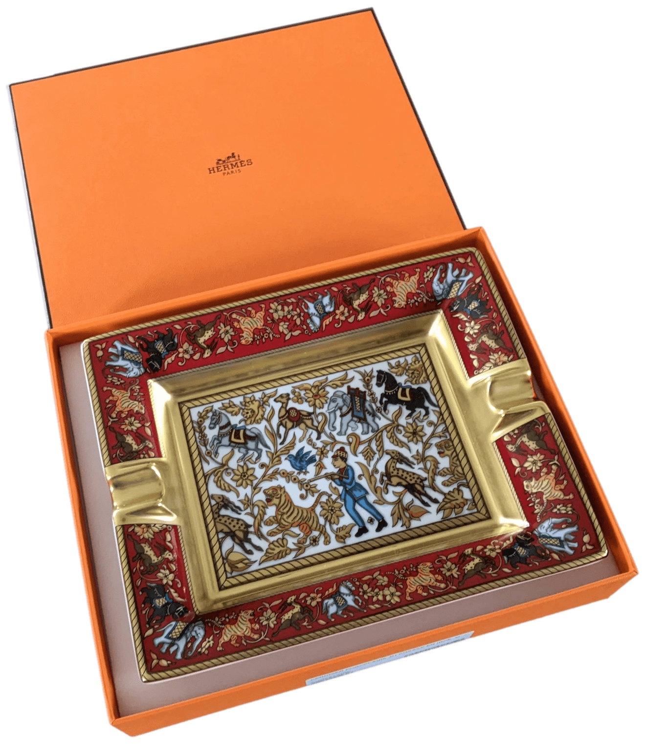 HERMES [HX] CHASSE EN INDE Hand Painted Limoges Porcelain Cigar Ashtray GM