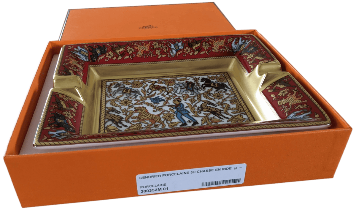 HERMES [HX] CHASSE EN INDE Hand Painted Limoges Porcelain Cigar Ashtray GM