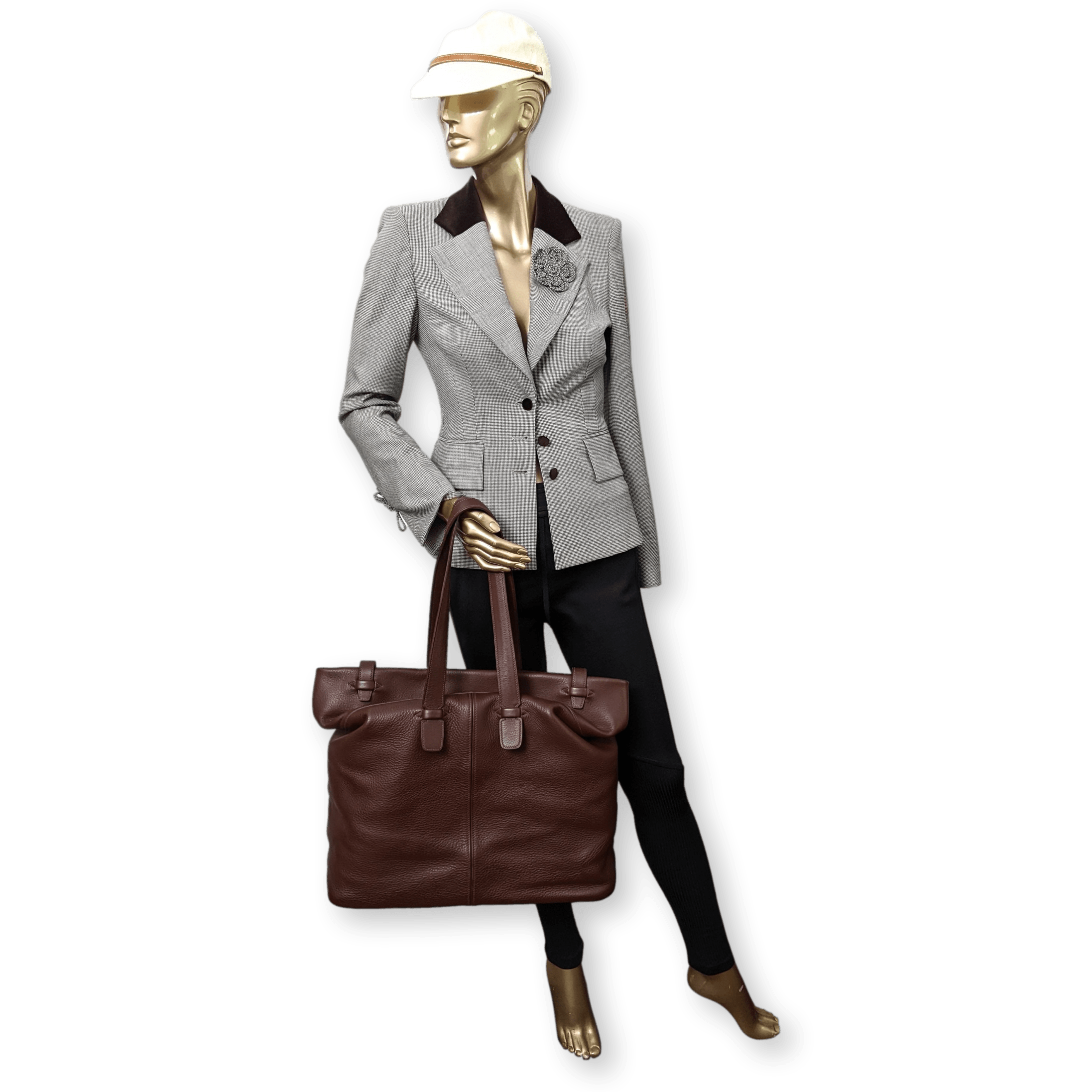 HERMES Men's Chocolate Clemence Leather Travel Tote Bag