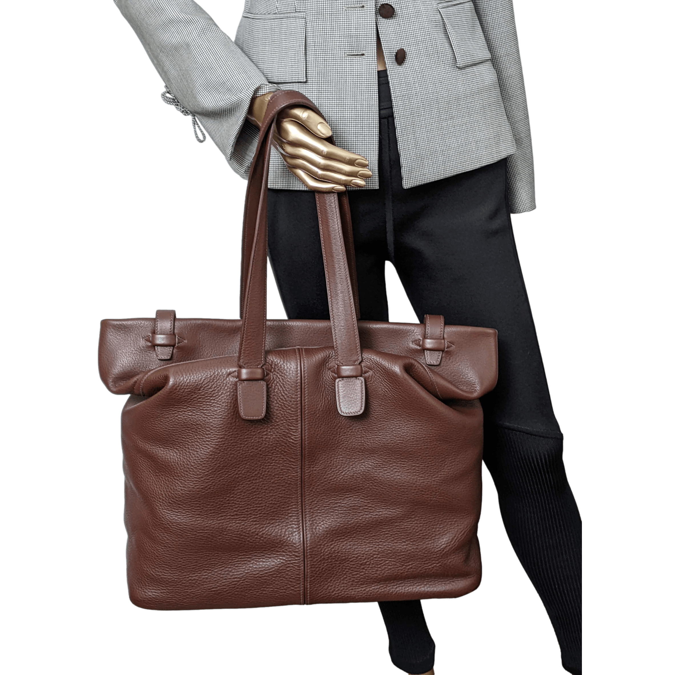 HERMES Men's Chocolate Clemence Leather Travel Tote Bag