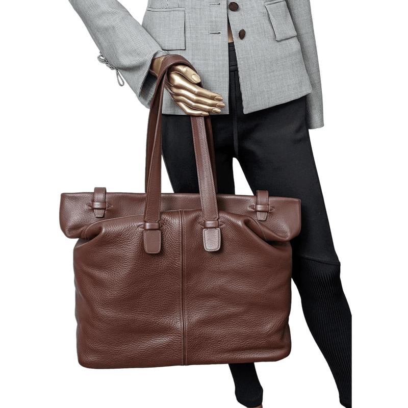 HERMES Men's Chocolate Clemence Leather Travel Tote Bag