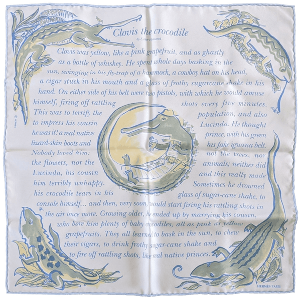 HERMES CLOVIS THE CROCODILE 1996 Tales on Silk Gavroche Scarf 45 x 45 cm