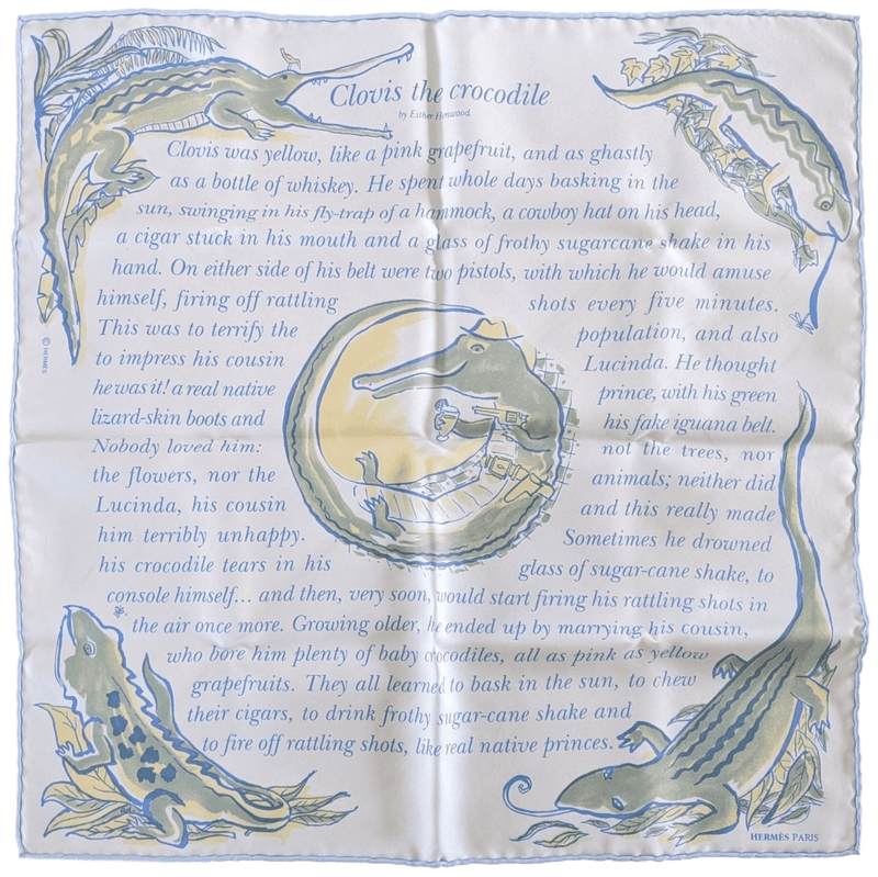 HERMES CLOVIS THE CROCODILE 1996 Tales on Silk Gavroche Scarf 45 x 45 cm