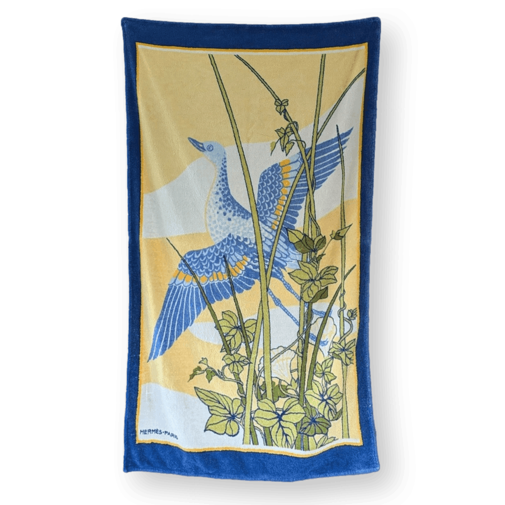HERMES Crane Blue Terry Beach Towel 90 x 150 cm