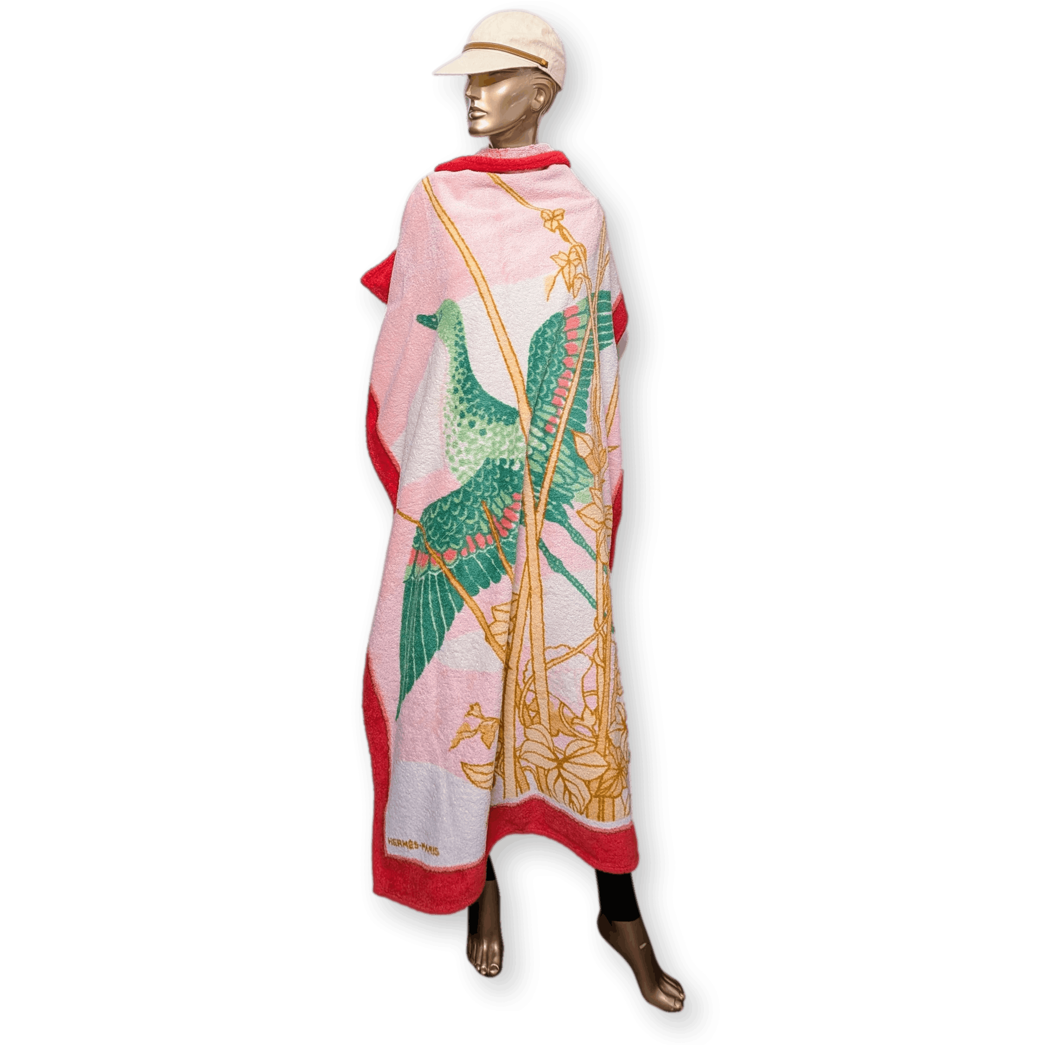 HERMES Crane Raspberry Green Terry Beach Towel 90 x 150 cm