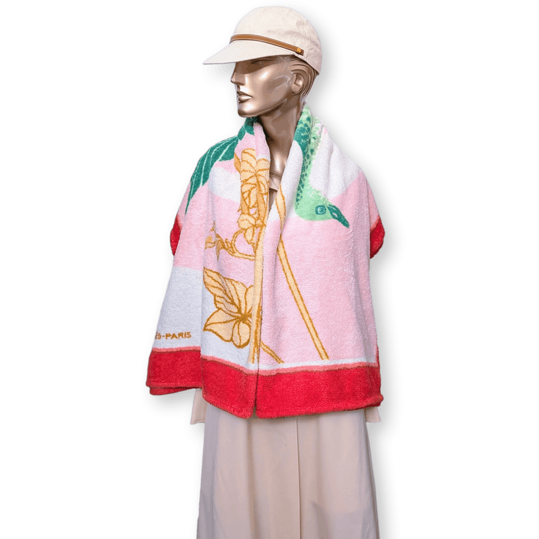 HERMES Crane Raspberry Green Terry Beach Towel 90 x 150 cm