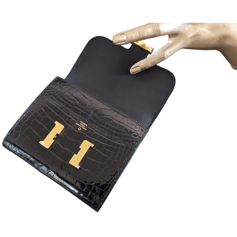 HERMES Black Crocodile Constance Compact Wallet GHW