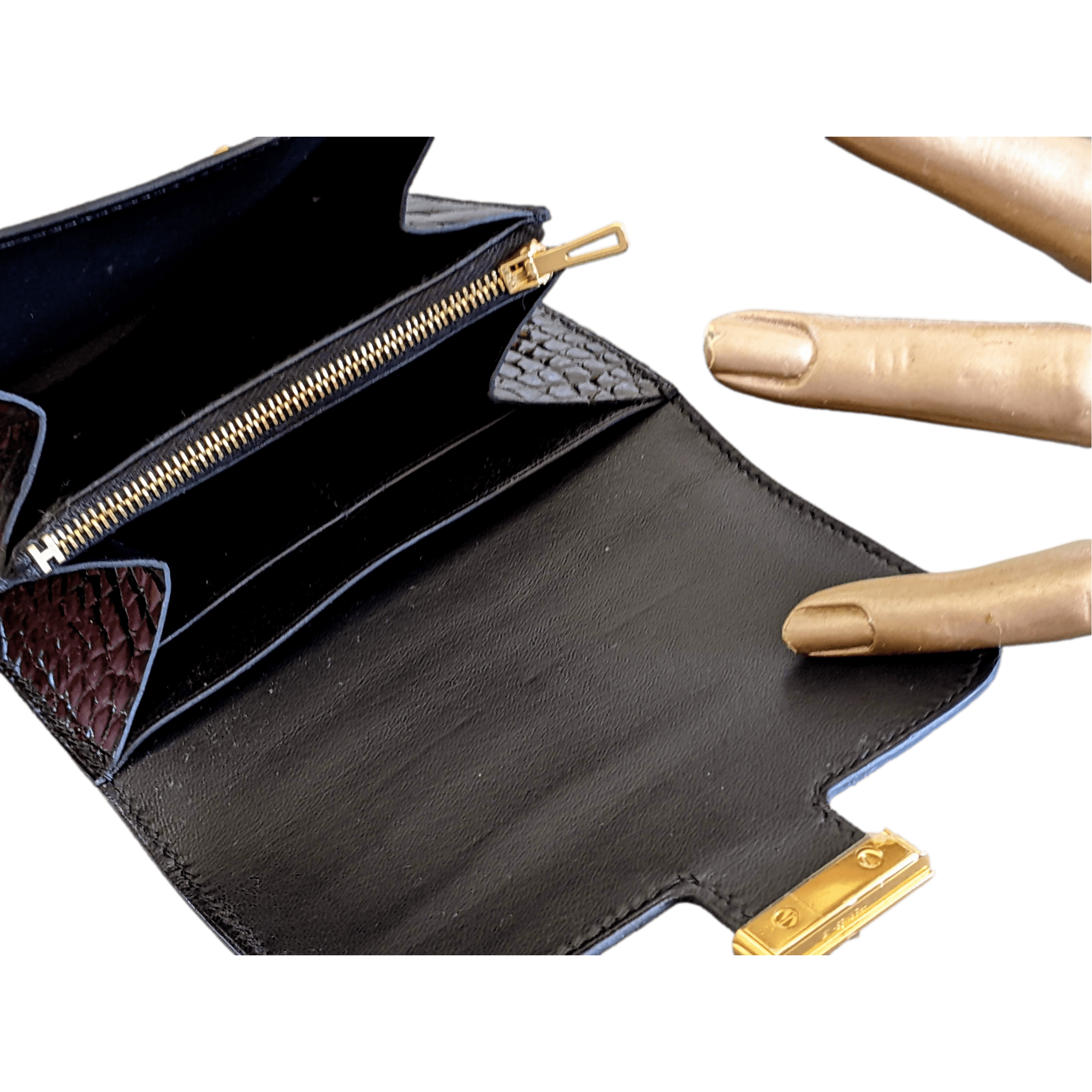 HERMES Black Crocodile Constance Compact Wallet GHW