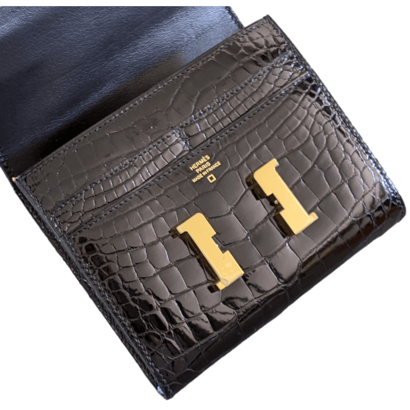 HERMES Black Crocodile Constance Compact Wallet GHW