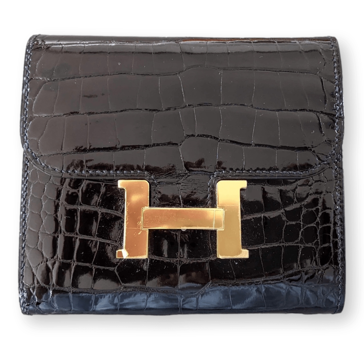 HERMES [LXX] Black Crocodile Slim Constance Wallet GHW