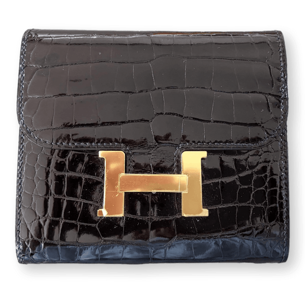 HERMES [LXX] Black Crocodile Slim Constance Wallet GHW