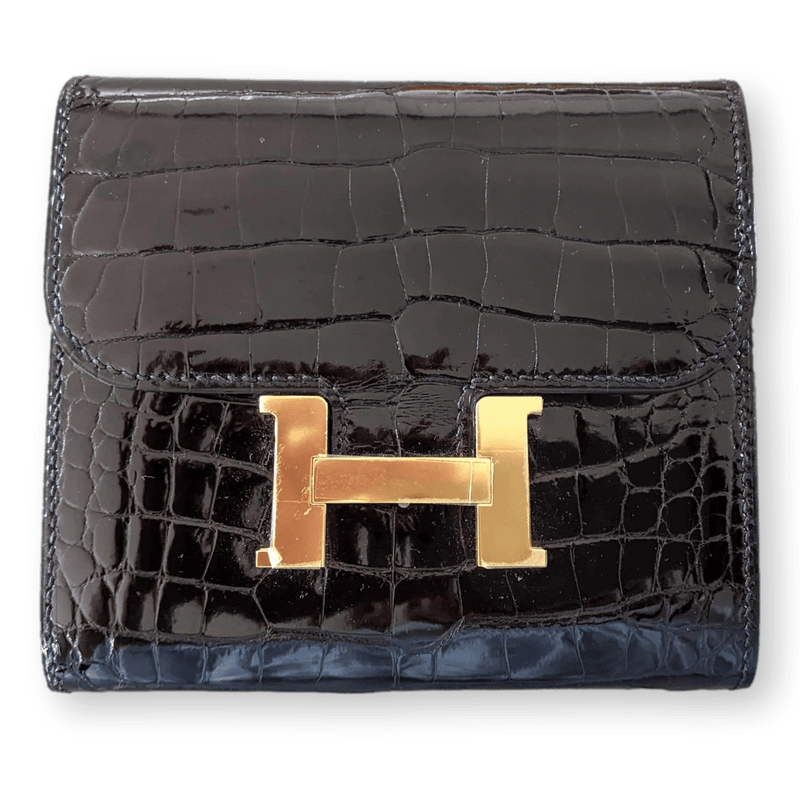 HERMES [LXX] Black Crocodile Slim Constance Wallet GHW