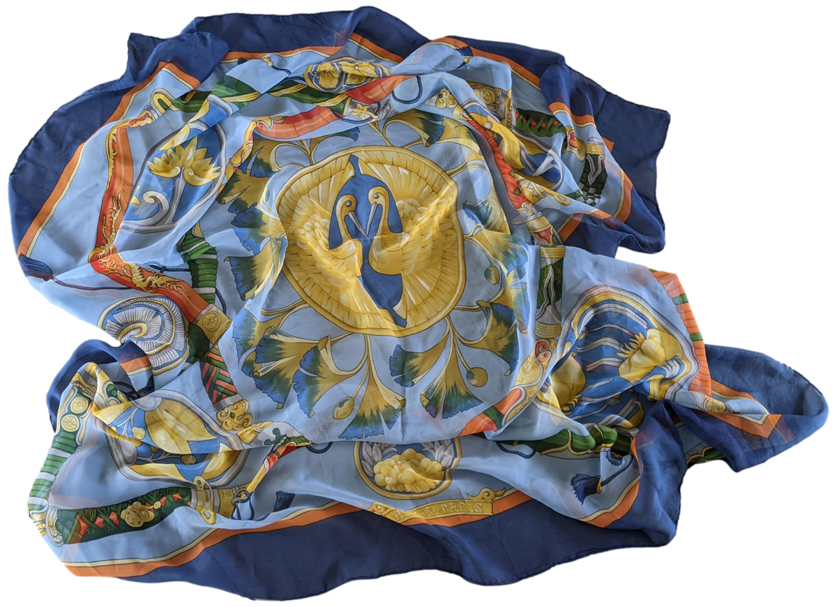HERMES 1991 Blue DAIMYO Mousseline Silk 140 x 140 cm