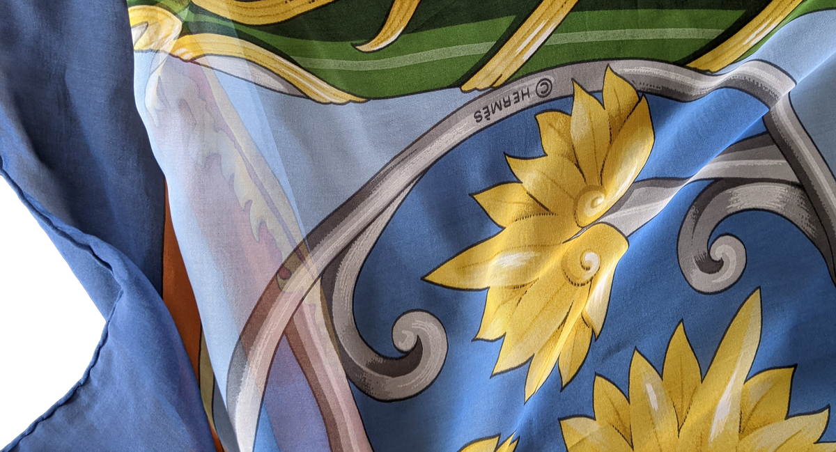 HERMES 1991 Blue DAIMYO Mousseline Silk 140 x 140 cm
