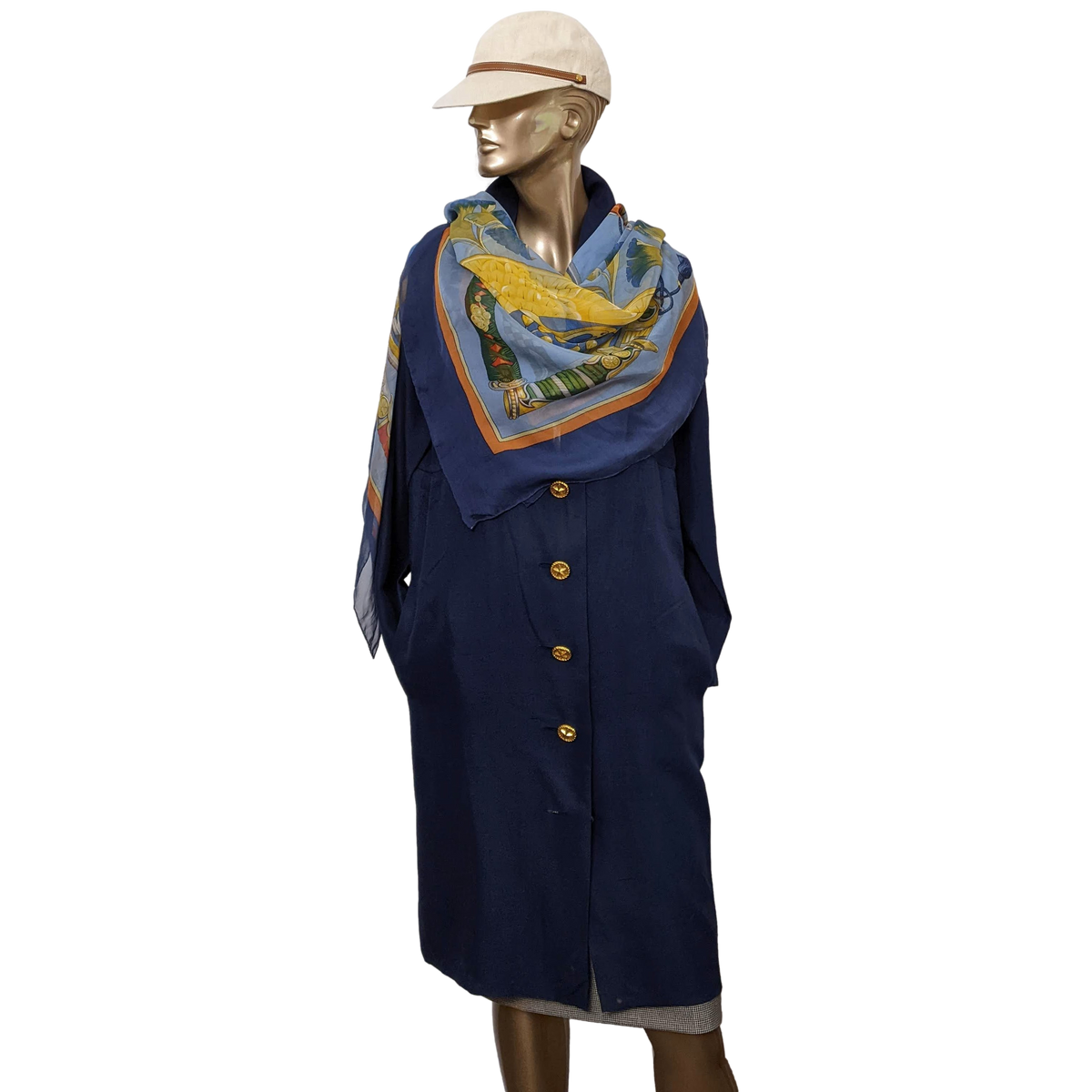 HERMES 1991 Blue DAIMYO Mousseline Silk 140 x 140 cm