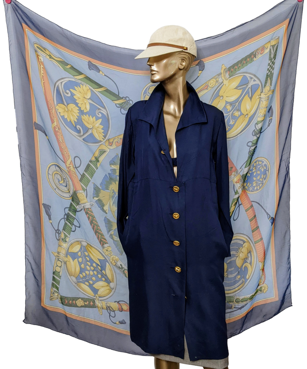 HERMES 1991 Blue DAIMYO Mousseline Silk 140 x 140 cm