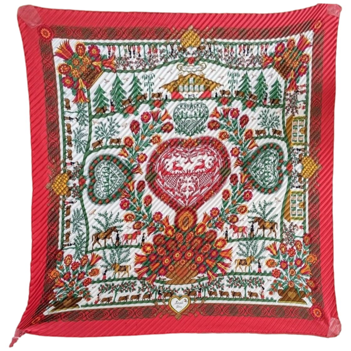 Hermes 1997 Rouge/Blanc DECOUPAGE by Anne Rosat Pleated Plisse Twill 90cm 