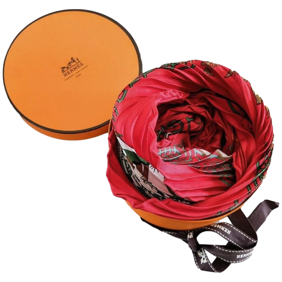 Hermes 1997 Rouge/Blanc DECOUPAGE by Anne Rosat Pleated Plisse Twill 90cm 