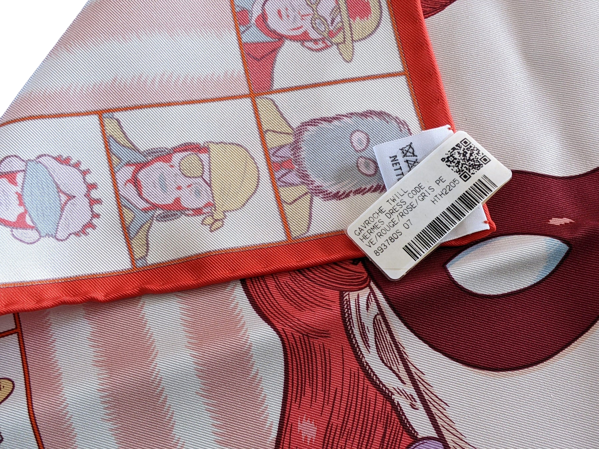 Hermes [G4] Rouge/Rose/Gris Perle "Dress Code" by Daniel Clowes Twill Gavroche Pocket Scarf 45 cm