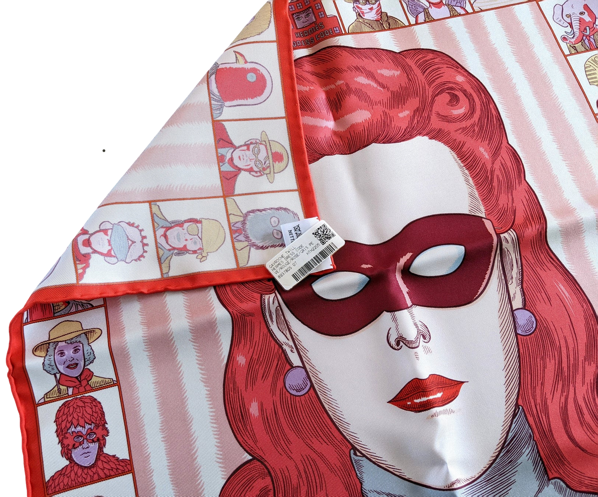 Hermes [G4] Rouge/Rose/Gris Perle "Dress Code" by Daniel Clowes Twill Gavroche Pocket Scarf 45 cm