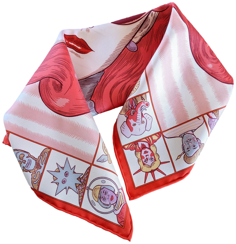 Hermes [G4] Rouge/Rose/Gris Perle "Dress Code" by Daniel Clowes Twill Gavroche Pocket Scarf 45 cm