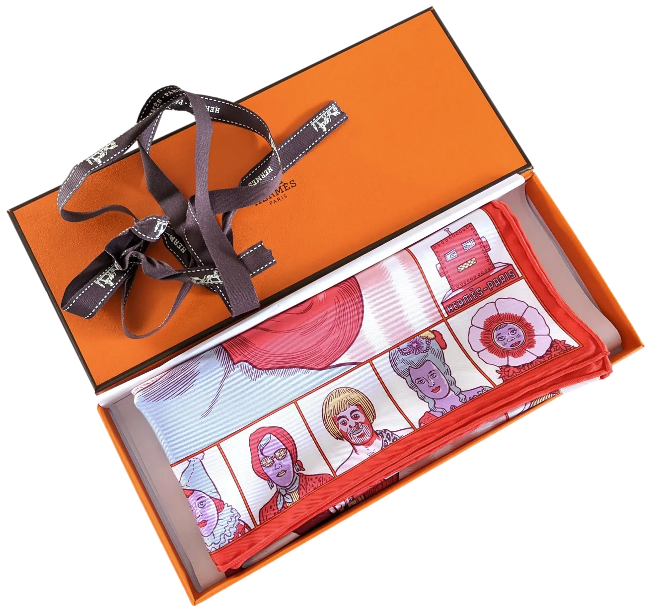 Hermes [G4] Rouge/Rose/Gris Perle "Dress Code" by Daniel Clowes Twill Gavroche Pocket Scarf 45 cm