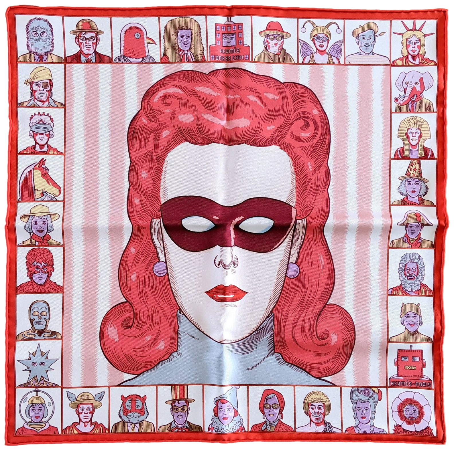 Hermes [G4] Rouge/Rose/Gris Perle "Dress Code" by Daniel Clowes Twill Gavroche Pocket Scarf 45 cm