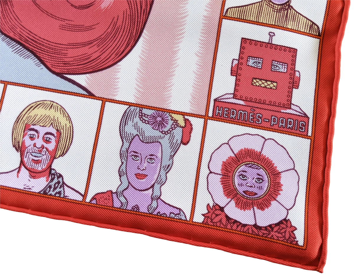 Hermes [G4] Rouge/Rose/Gris Perle "Dress Code" by Daniel Clowes Twill Gavroche Pocket Scarf 45 cm
