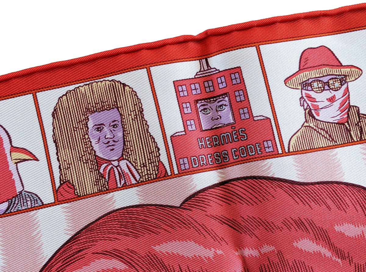 Hermes [G4] Rouge/Rose/Gris Perle "Dress Code" by Daniel Clowes Twill Gavroche Pocket Scarf 45 cm