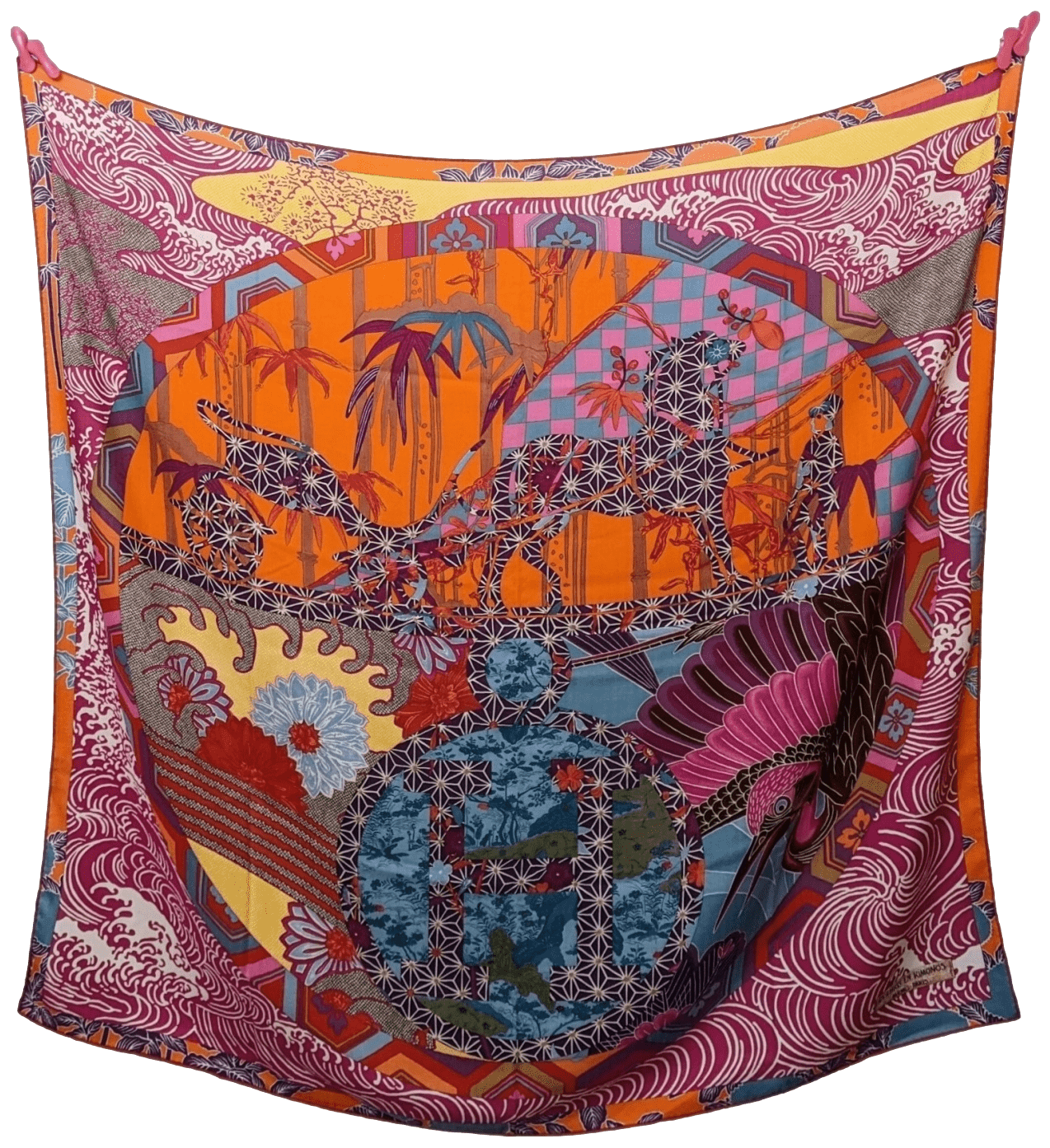 HERMES EX-LIBRIS EN KIMONOS 2012 cw01 Capucine/Fuchsia Cashmere Shawl 140 x 140 cm
