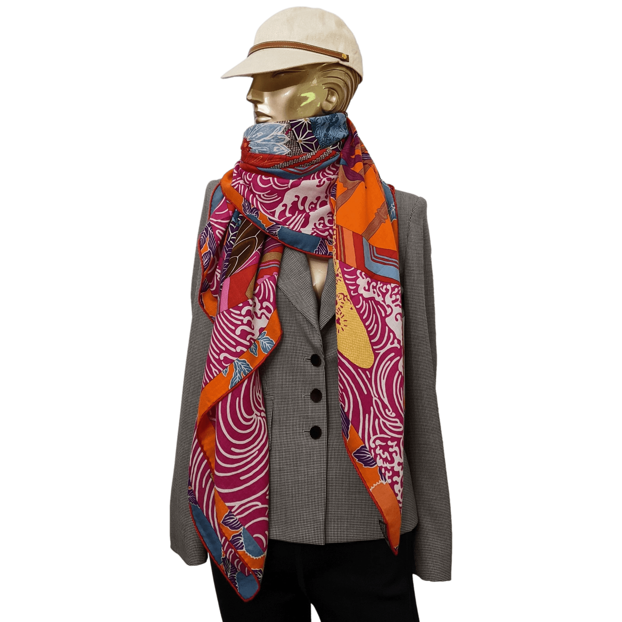HERMES EX-LIBRIS EN KIMONOS 2012 cw01 Capucine/Fuchsia Cashmere Shawl 140 x 140 cm