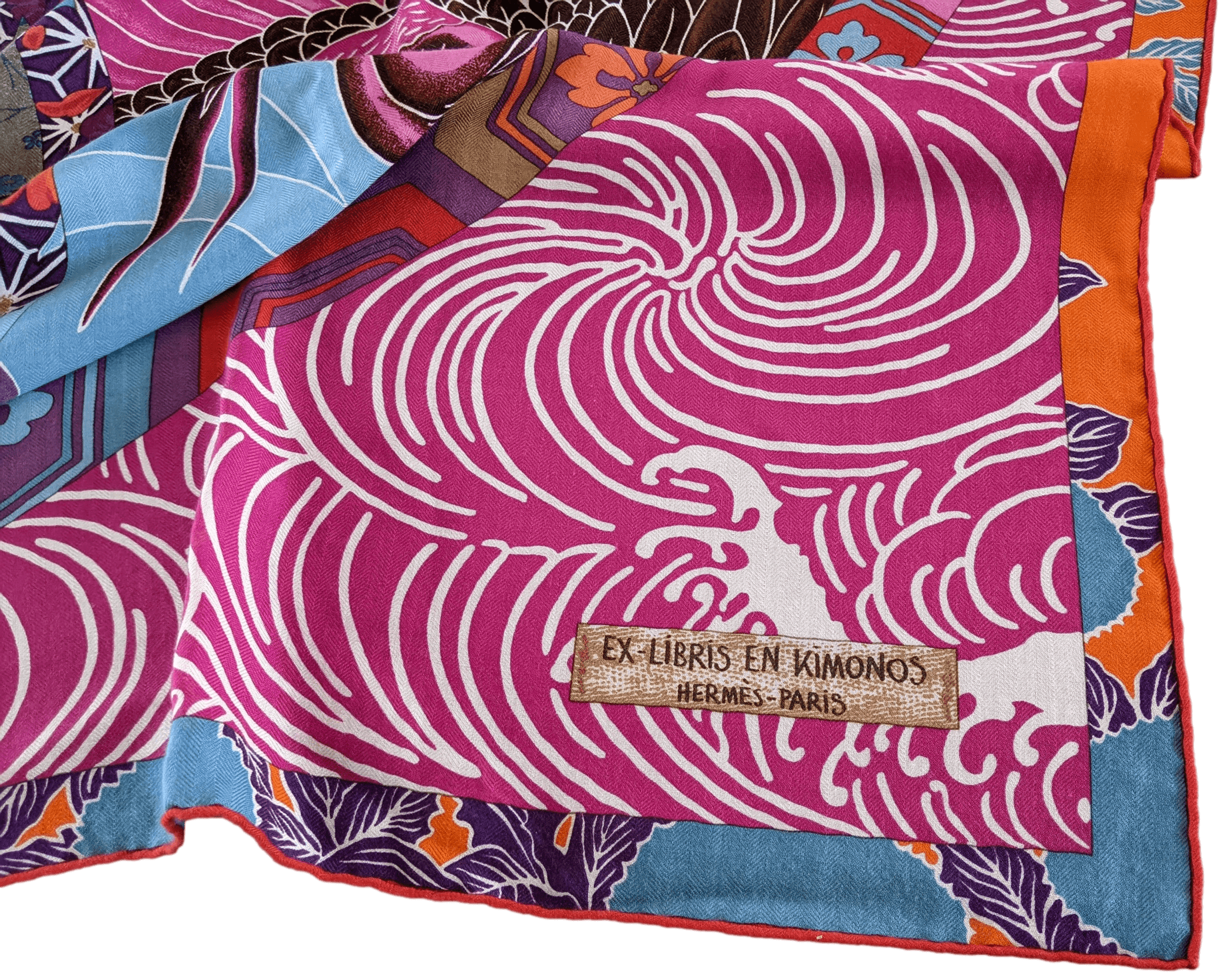 HERMES EX-LIBRIS EN KIMONOS 2012 cw01 Capucine/Fuchsia Cashmere Shawl 140 x 140 cm