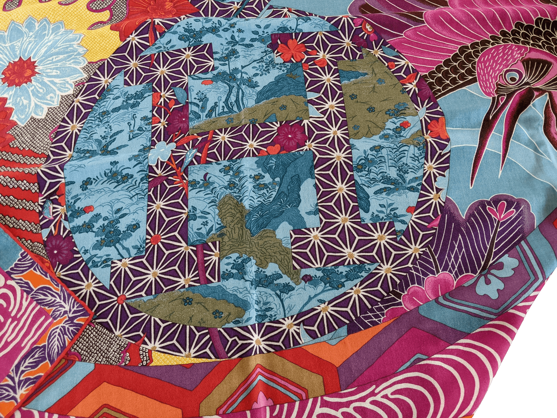 HERMES EX-LIBRIS EN KIMONOS 2012 cw01 Capucine/Fuchsia Cashmere Shawl 140 x 140 cm