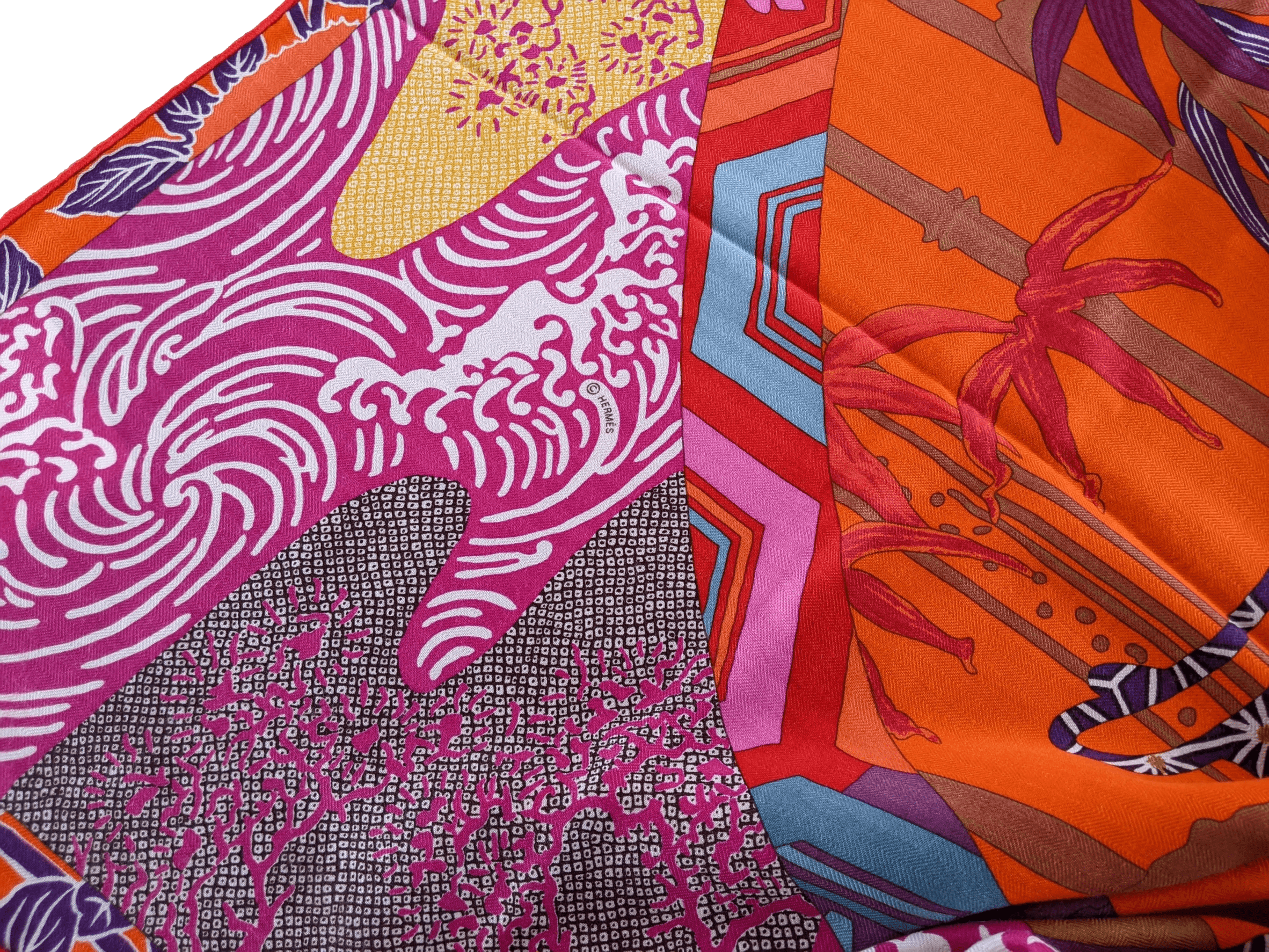 HERMES EX-LIBRIS EN KIMONOS 2012 cw01 Capucine/Fuchsia Cashmere Shawl 140 x 140 cm