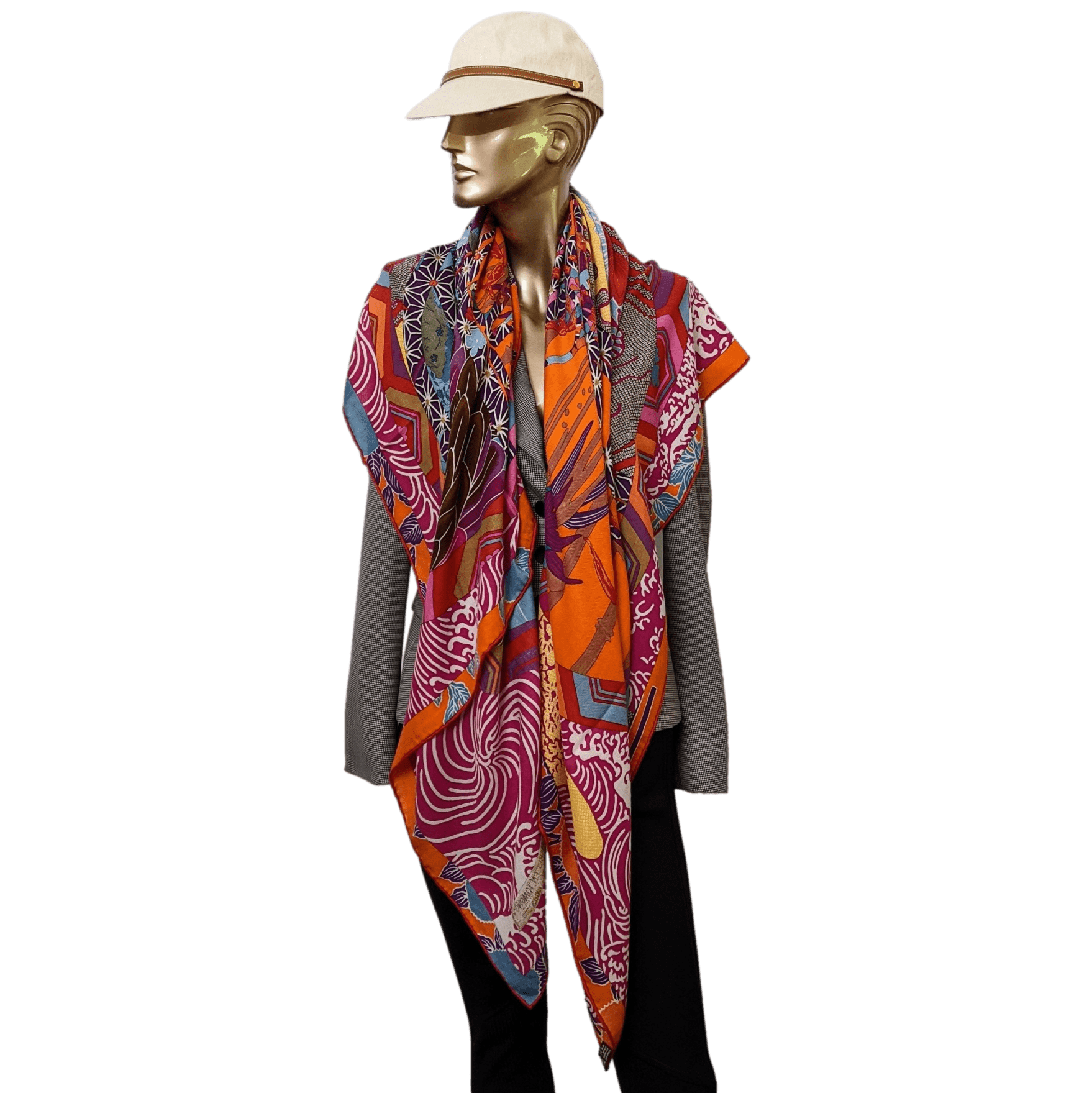 HERMES EX-LIBRIS EN KIMONOS 2012 cw01 Capucine/Fuchsia Cashmere Shawl 140 x 140 cm