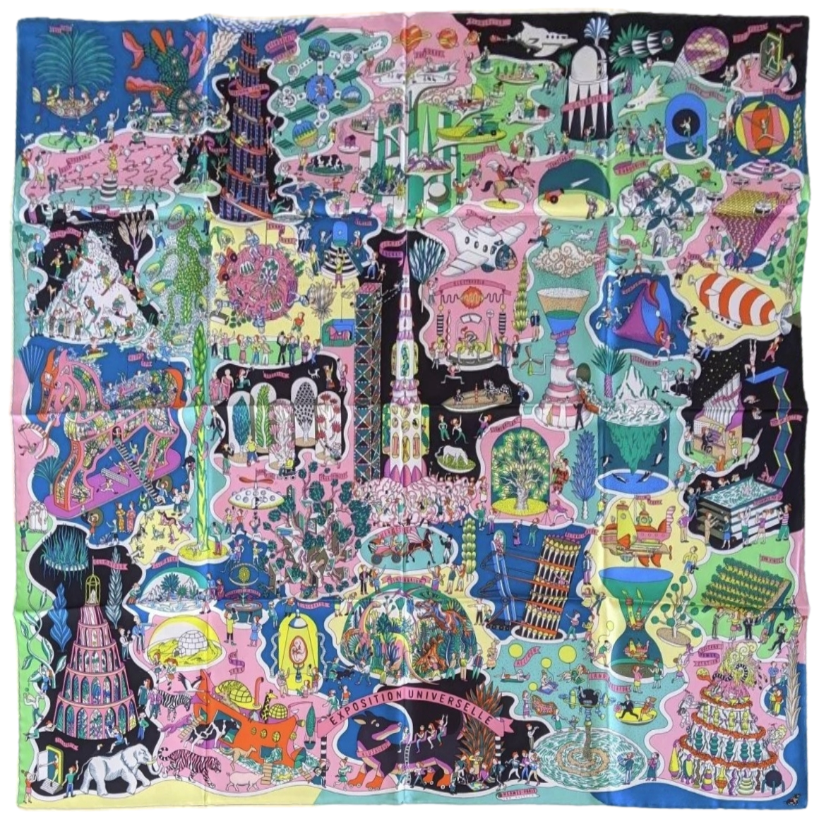 Produits Hermes [AC4] Black/Green/Yellow EXPOSITION UNIVERSELLE by Jan Bajtlik Twill Carre 90cm