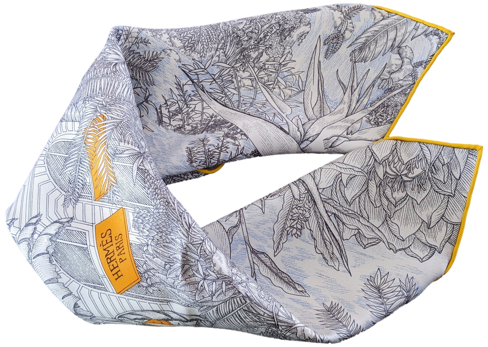 HERMES FAUBOURG TROPICAL DETAIL Twill Silk Gavroche 45 x 45 HERMES FAUBOURG TROPICAL DETAIL Twill Silk Gavroche 45 x 45