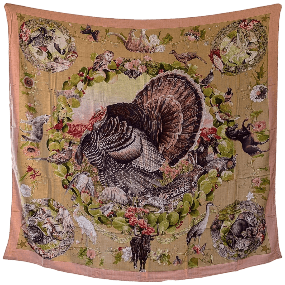 HERMES Faune et Flore du Texas Kermit Oliver Cashmere Silk Shawl 140 1987 Dusty Rose Olive Unused Rare