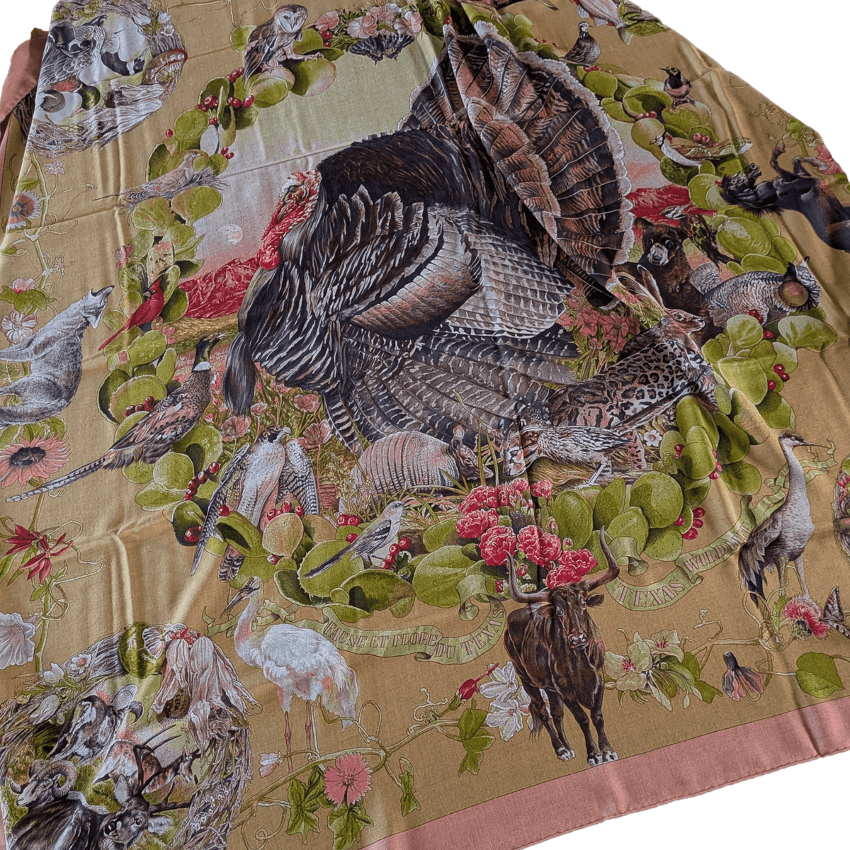 HERMES Faune et Flore du Texas Kermit Oliver Cashmere Silk Shawl 140 1987 Dusty Rose Olive Unused Rare