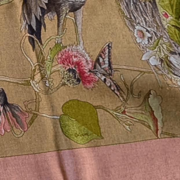 HERMES Faune et Flore du Texas Kermit Oliver Cashmere Silk Shawl 140 1987 Dusty Rose Olive Unused Rare